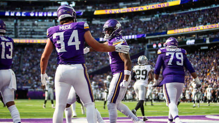 Nick Muse (34) celebrates during the Vikings' preseason game against the Raiders at U.S. Bank Stadium