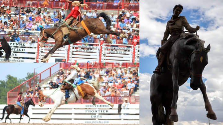 Allysa Spierings, top, and Katie Coker, bottom, competed for the World Ranch Bronc Championship at Cheyenne Frontier Days on Sunday as part of the rodeo. This year, CFD unveiled a statue of a woman riding a bucking horse in tribute to the Year of the Cowgirl.