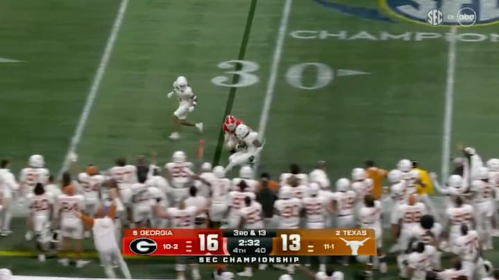 Georgia tight end Lawson Luckie tackles Texas CB Jahdae Barron after an interception. Georgia tight end Lawson Luckie tackles Texas CB Jahdae Barron after an interception.