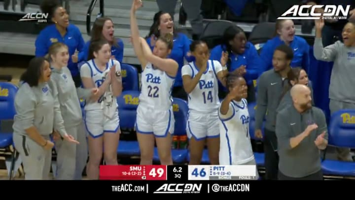 Pittsburgh basketball celebrates a made three vs. SMU.