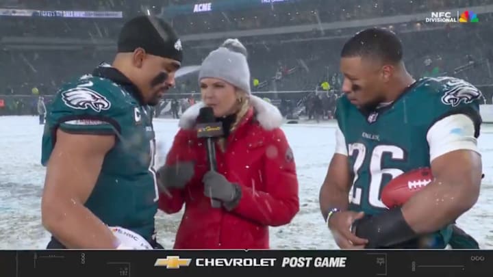 Jalen Hurts and Saquon Barkley are interviewed after a win against the Los Angeles Rams.