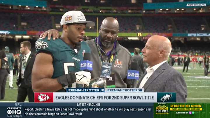 Jeremiah Trotter Jr. and his father Jeremiah Trotter Sr. are interviewed after Super Bowl LIX. Jeremiah Trotter Jr. and his father Jeremiah Trotter Sr. are interviewed after Super Bowl LIX.