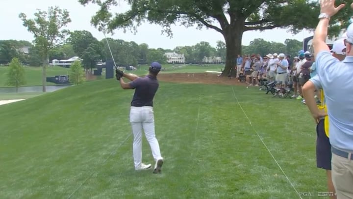 Aaron Rai hits an errant shot at the PGA Championship. Aaron Rai hits an errant shot at the PGA Championship.