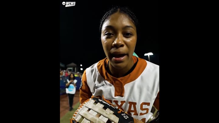 Kayden Henry sends a message after Texas’ Game 1 win at WCWS. Kayden Henry sends a message after Texas’ Game 1 win at WCWS.