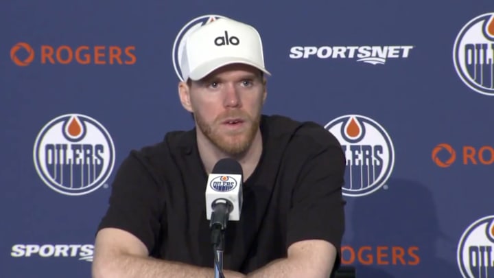 Connor McDavid speaks with reporters after end of Oilers’ season.