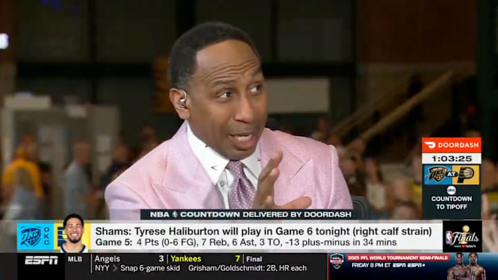 Stephen A. Smith speaks on ESPN before Game 6 of the NBA Finals.