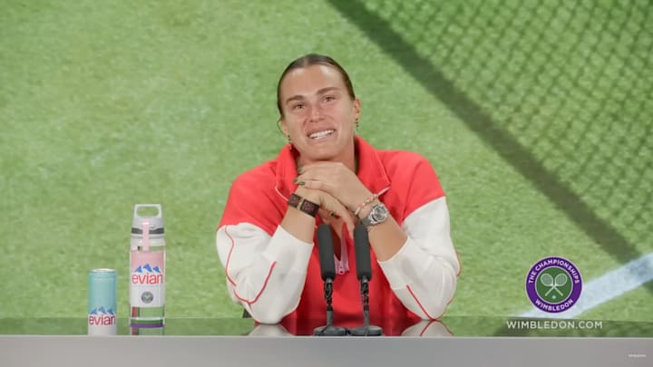 Aryna Sabalenka speaks with reporters after her match at Wimbledon.