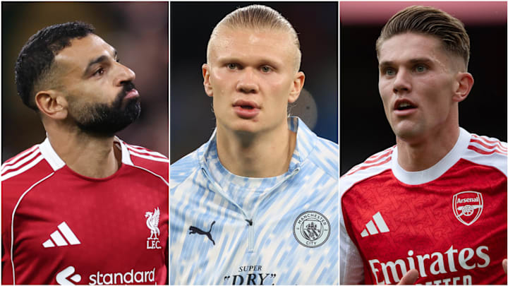 Mohamed Salah (left), Erling Haaland (centre) and Viktor Gyökeres (right) all lead their team for goals this season.