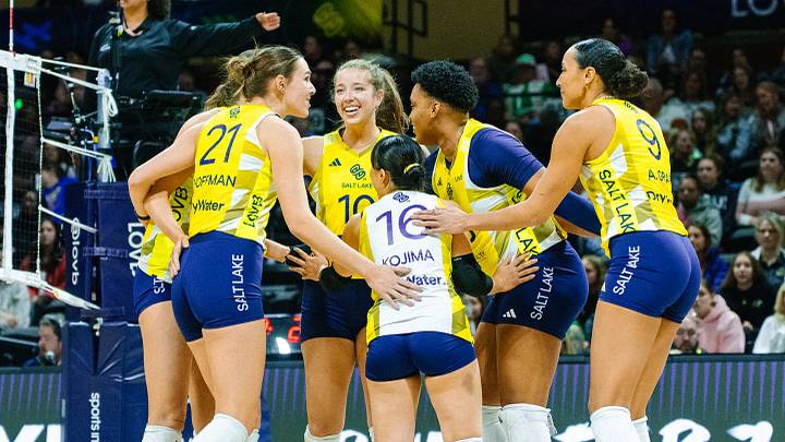 LOVB Salt Lake City players group in a huddle after a point. LOVB Salt Lake City players group in a huddle after a point.