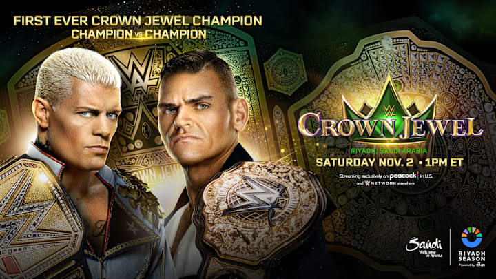 WWE Crown Jewel poster featuring Undisputed Champion Cody Rhodes (left) and World Heavyweight Champion Gunther.