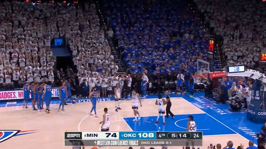 Oklahoma City Thunder celebrate during the fourth quarter of Game 5 of the Western Conference finals. | @espn / X