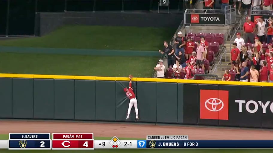 TJ Friedl steals a home run and saves the game. | @MLB / X