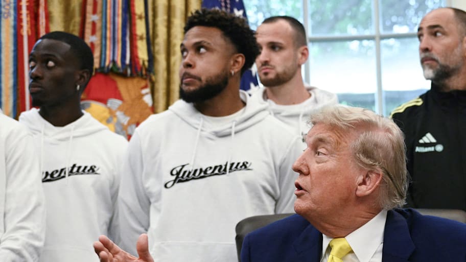 Trimothy Weah, left, and Weston McKennie, middle were part of an official Juventus visit to the White House and U.S. President Donald Trump. | BRENDAN SMIALOWSKI/AFP via Getty Images