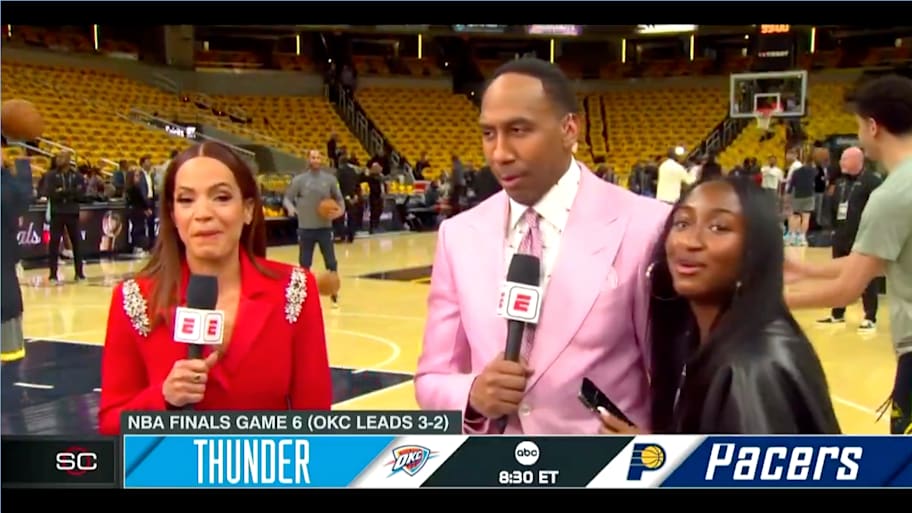 Stephen A. Smith’s daughter visits while on camera for ESPN. | @cjzero / X