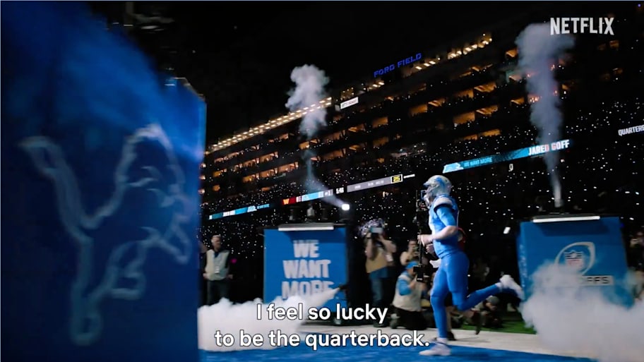Jared Goff takes the field for the Detroit Lions. | @OmahaProd / X