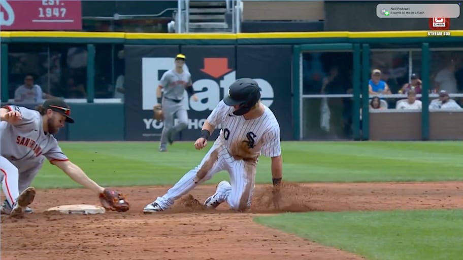 Chase Meidroth slides into second base against the San Francisco Giants. | @CHSN_WhiteSox / X