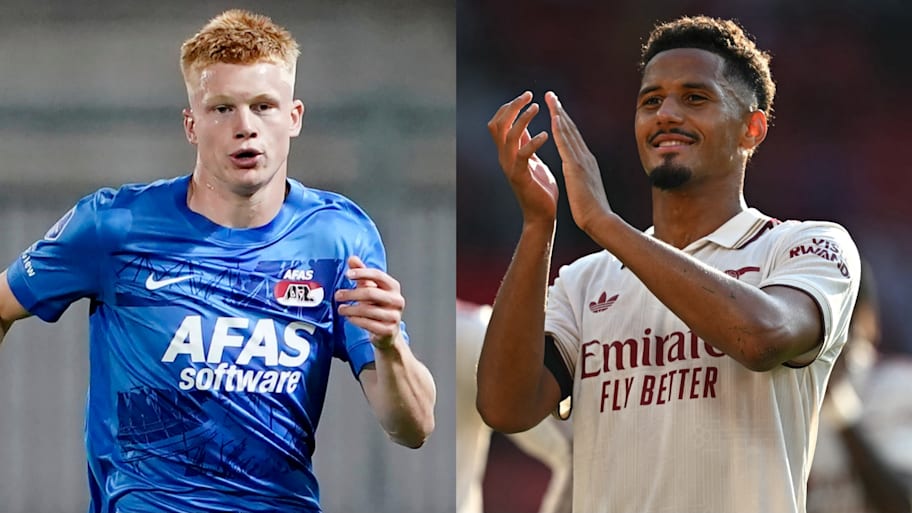 Kees Smit (left) is a target for Real Madrid while Arsenal aim to fend off their pursuit of William Saliba (right). | Daniela Porcelli/Soccrates/Getty Images, Paul Ellis/AFP via Getty Images