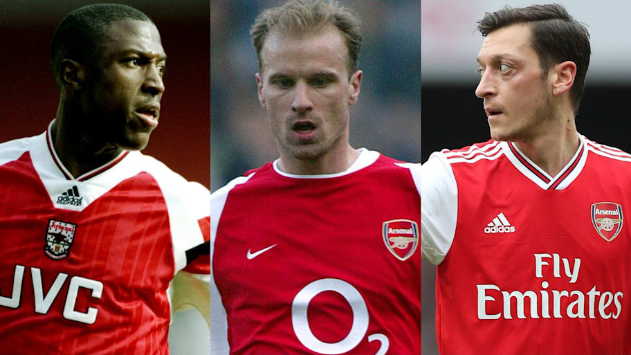 Three of Arsenal’s biggest names wore the No. 10 shirt during their time at the club. | Mike Hewitt/Allsport (Campbell), Paul Mcfegan/Sportsphoto/Allstar via Getty Images (Bergkamp), Alex Morton/Getty Images (Ozil)