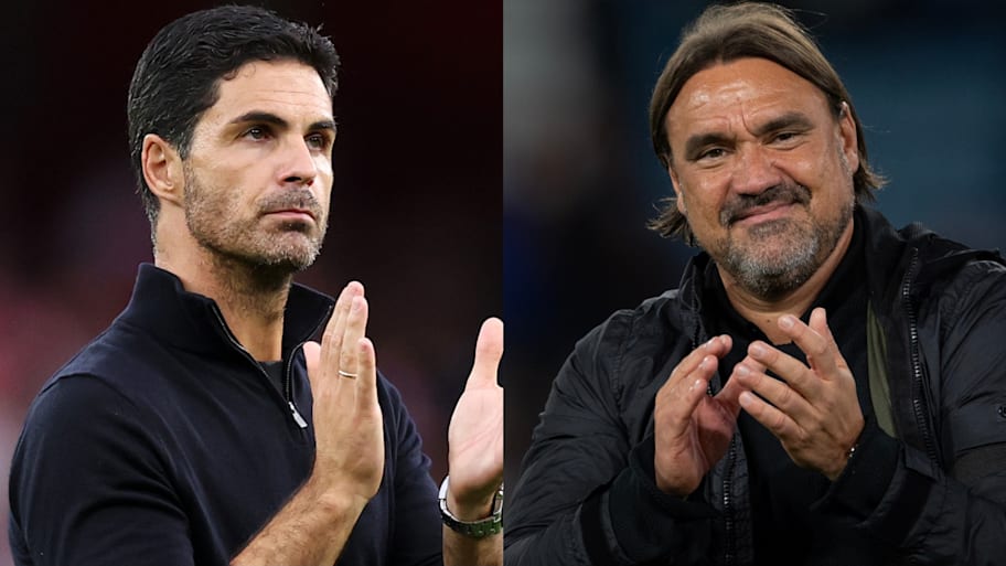 Mikel Arteta (left) and Daniel Farke (right) go head-to-head at Emirates Stadium on Saturday. | Justin Setterfield/Getty Images, Visionhaus/Getty Images
