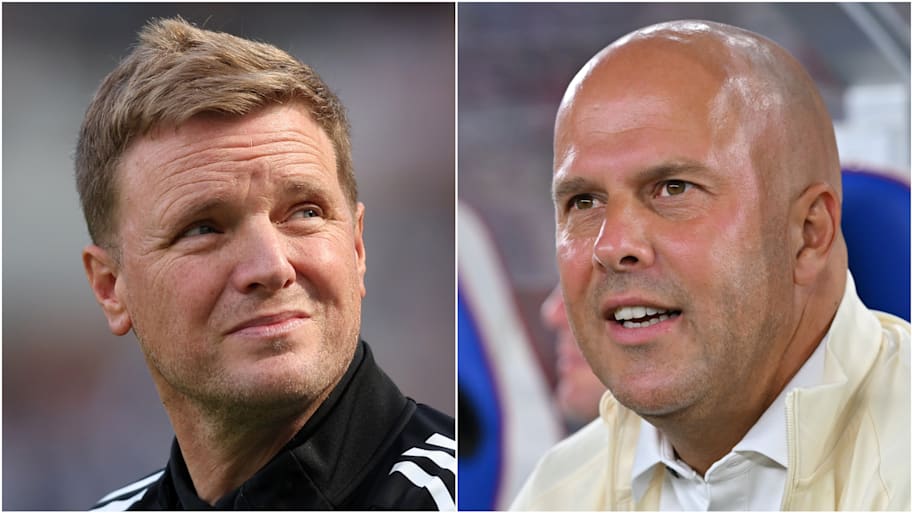 Eddie Howe (left) and Arne Slot go head-to-head on Monday night. | George Wood/Kenta Harada/Getty Images