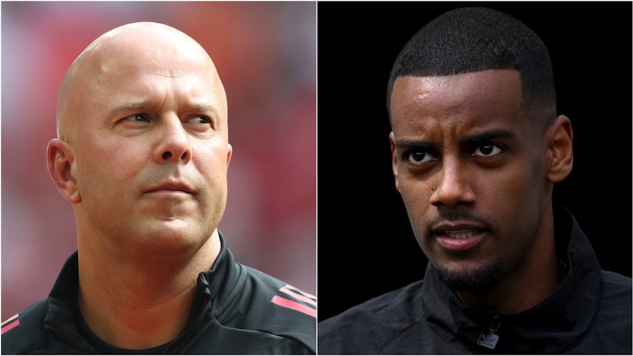 Arne Slot (left) has reluctantly been drawn into talk of Alexander Isak. | Crystal Pix/MB Media/Stu Forster/Getty Images