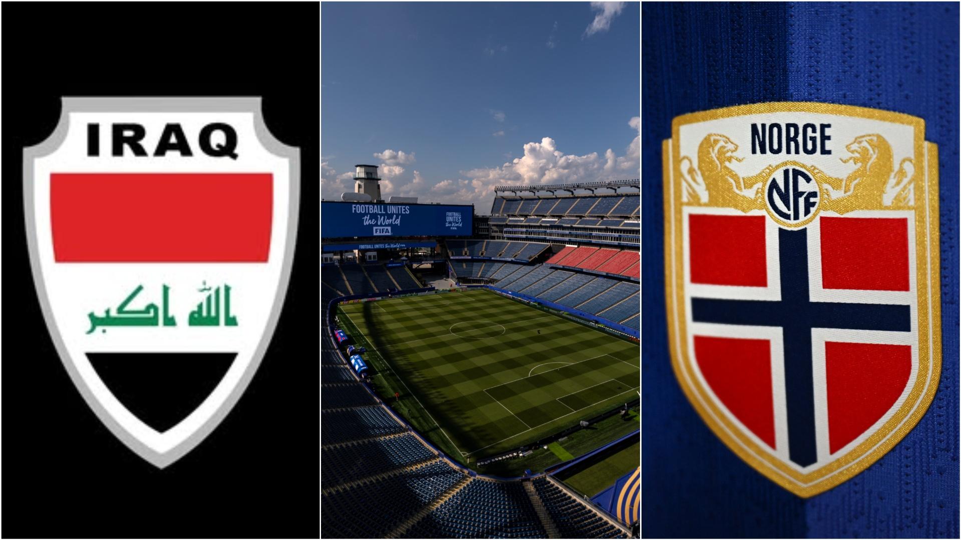 The badges of Iraq and Norway flanking a general view of Gillette Stadium.