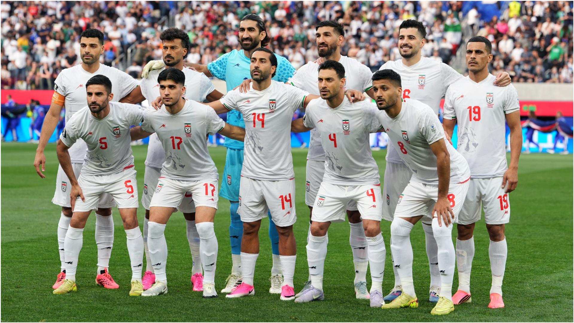 Iran's players lined up ahead of their 2026 World Cup match against New Zealand.