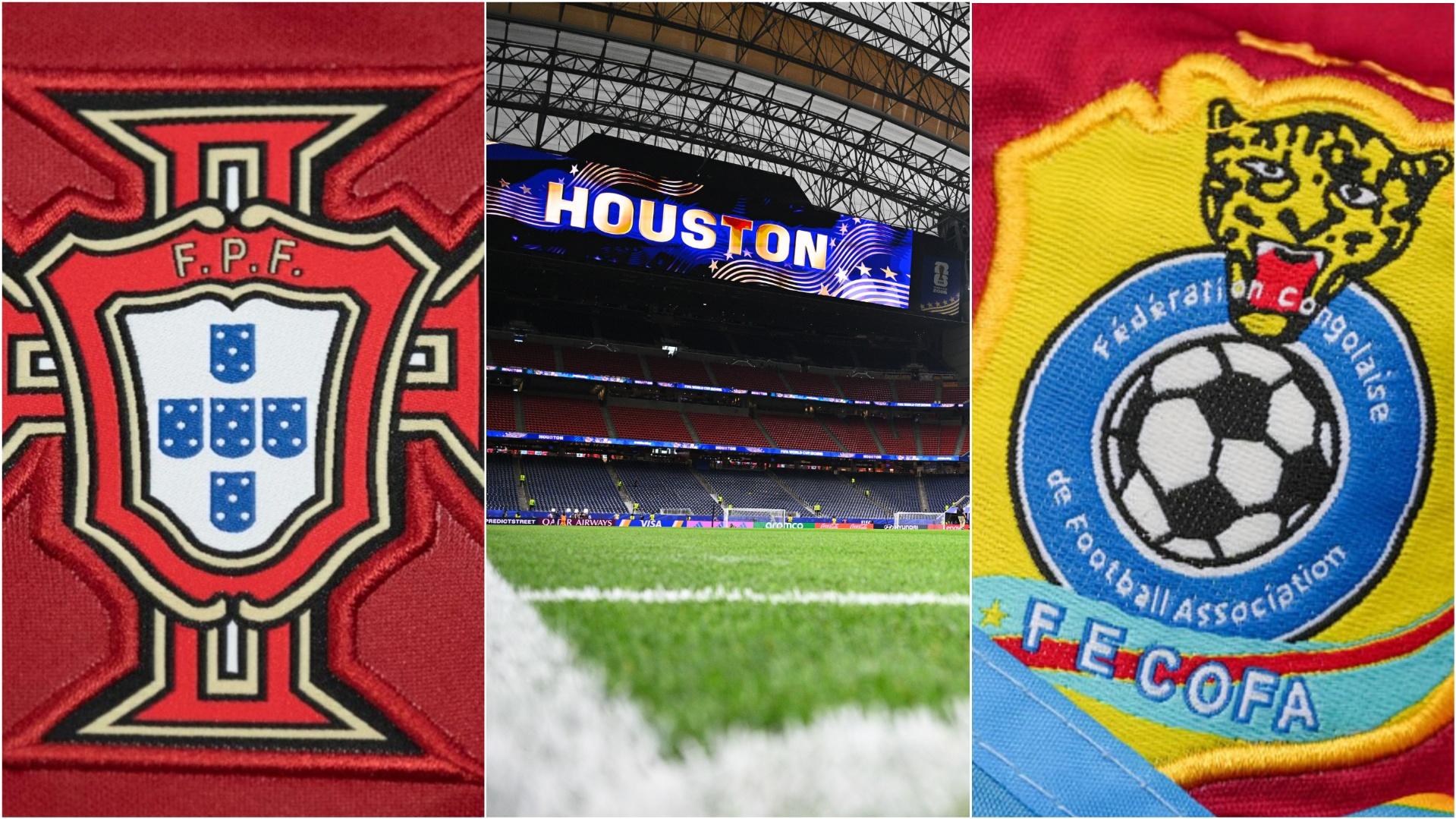 Portugal and DR Congo's badges, sandwiched between a general view of NRG Stadium in Houston. 