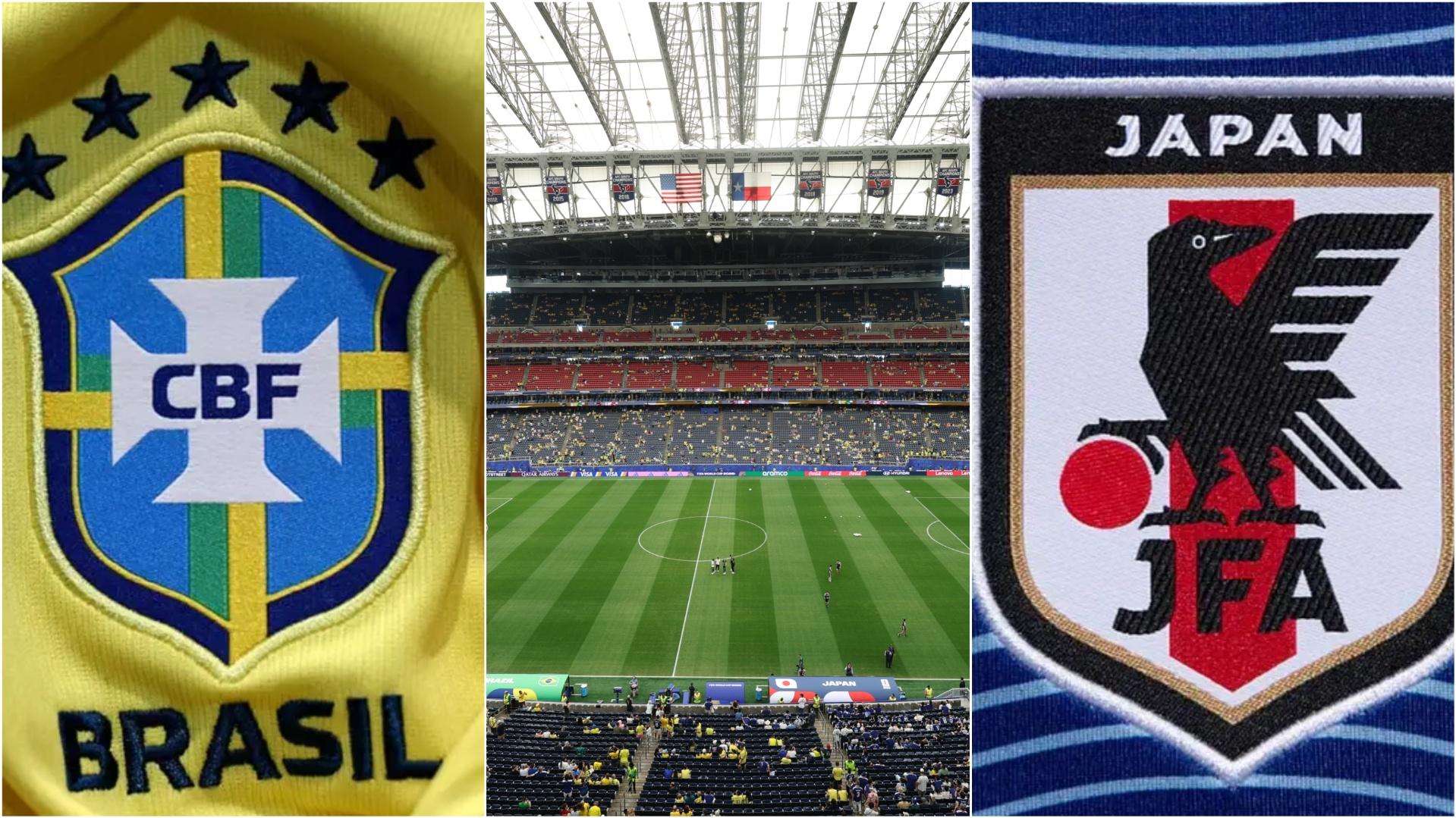 Brazil and Japan's badges and NRG Stadium.