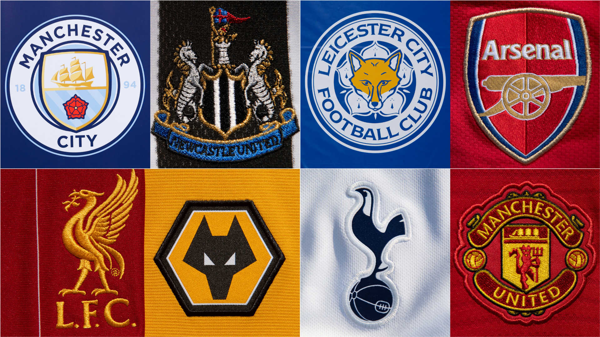 Badges of Man City, Newcastle, Leicester, Arsenal, Liverpool, Wolves, Tottenham and Man Utd
