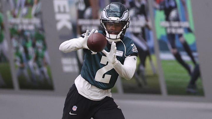 Philadelphia Eagles wide receiver Jahan Dotson (2) catches a ball during OTAs at NovaCare Complex.