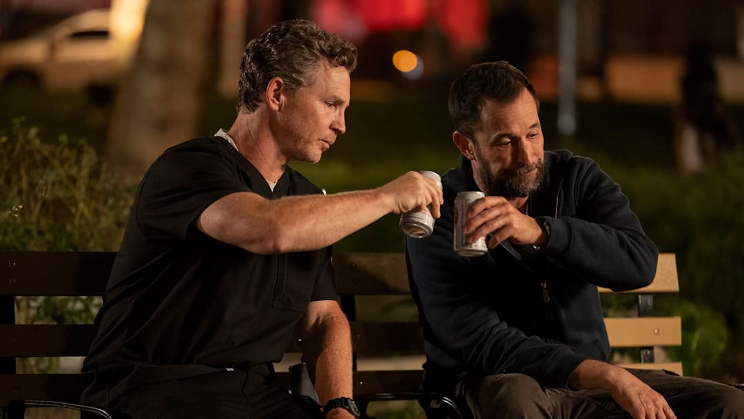 Noah Wyle and Shawn Hatosy in The Pitt on Max. Our heroes gather to cheers those they saved and those they couldn’t