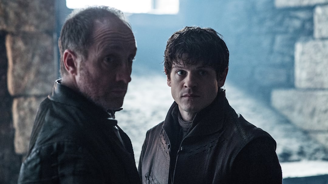 Michael McElhatton as Roose Bolton, Iwan Rheon as Ramsay Bolton in Game of Thrones. Photograph by Helen Sloan/courtesy of HBO.
