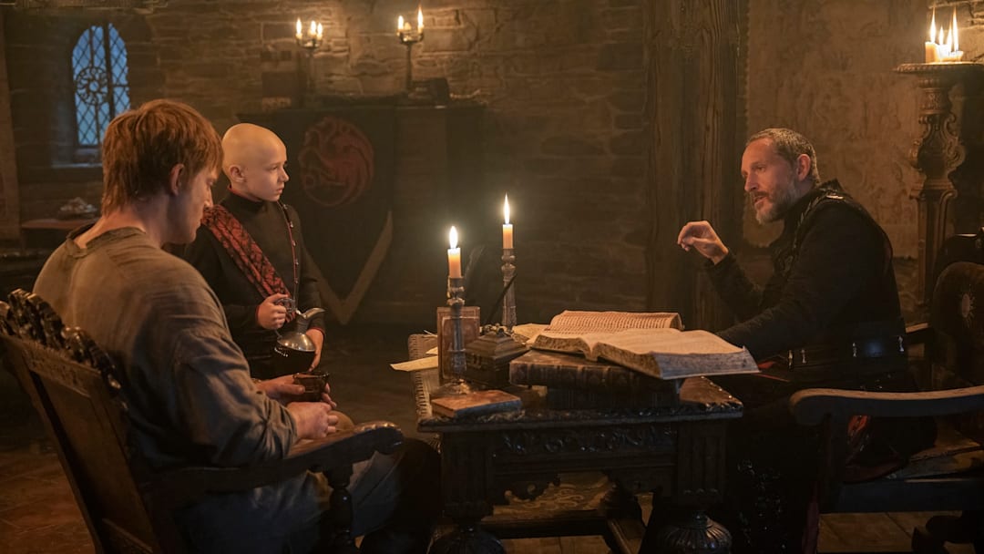 Peter Claffey (Dunk), Dexter Sol Ansell (Egg), and Bertie Carvel (Baelor Targaryen) in A Knight of the Seven Kingdoms. Courtesy of Steffan Hill/HBO.