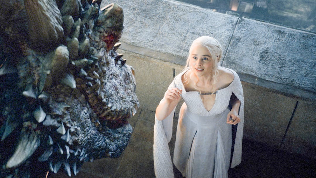 Emilia Clarke (Daenerys Targaryen) and Drogon in Game of Thrones season 5 Episode 2, "The House of Black and White"