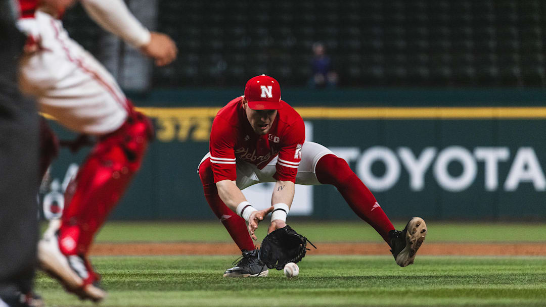 Nebraska third baseman Joshua Overbeek doubled and drove in two runs against Kansas State at the Amegy Bank College Baseball Series in Arlington earlier this season.