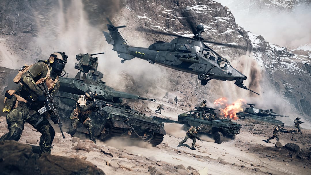 Battlefield 6 screenshot of infantry and vehicles charging over a dusty battlefield. Battlefield 6 screenshot of infantry and vehicles charging over a dusty battlefield.