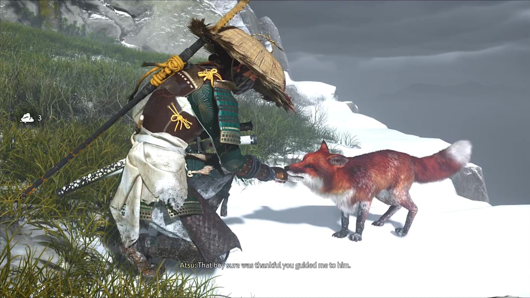 Atsu pets a fox, Ghost of Yotei
