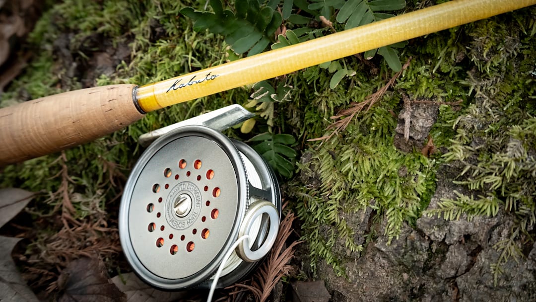 Classic combination. A Kabuto custom fiberglass fly rod matched with a Heritage Hardy Perfect fly reel with agate line guide. 
