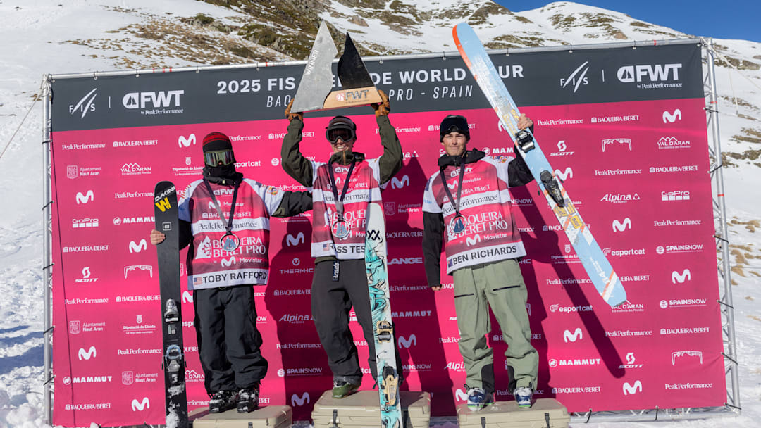 USA's Ross Tester stands on the Ski Men podium in first place alongside fellow American (2nd), Toby Rafford and New Zealand's Ben Richards (3rd) at Baqueira Beret Pro 2025, the first stop of the season.