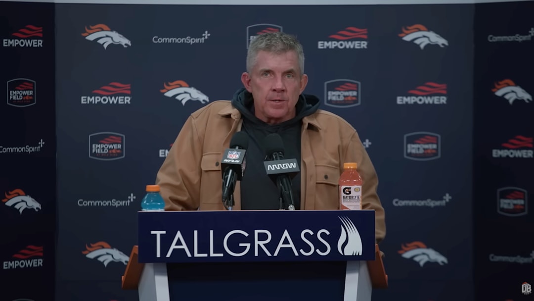 Sean Payton speaks with reporters after the Broncos’ win over the Bills in the AFC divisional round.