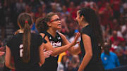 Nebraska middle blocker Rebekah Allick and opposite hitter Virginia Adriano celebrate during a five-set win over No. 7 Kentucky in Nashville.