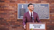Mississippi State Director of Athletics Zac Selmon speaks outside Dudy Noble Field at Polk-Dement Stadium.