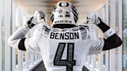 Malik Benson models Oregon Duck Football's uniform for their game against the Rutgers Scarlet Knights on Oct. 18, 2025.