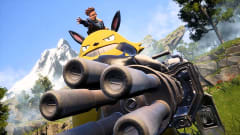 A human Palworld tamer sits atop a Grizzbolt piloting a tank