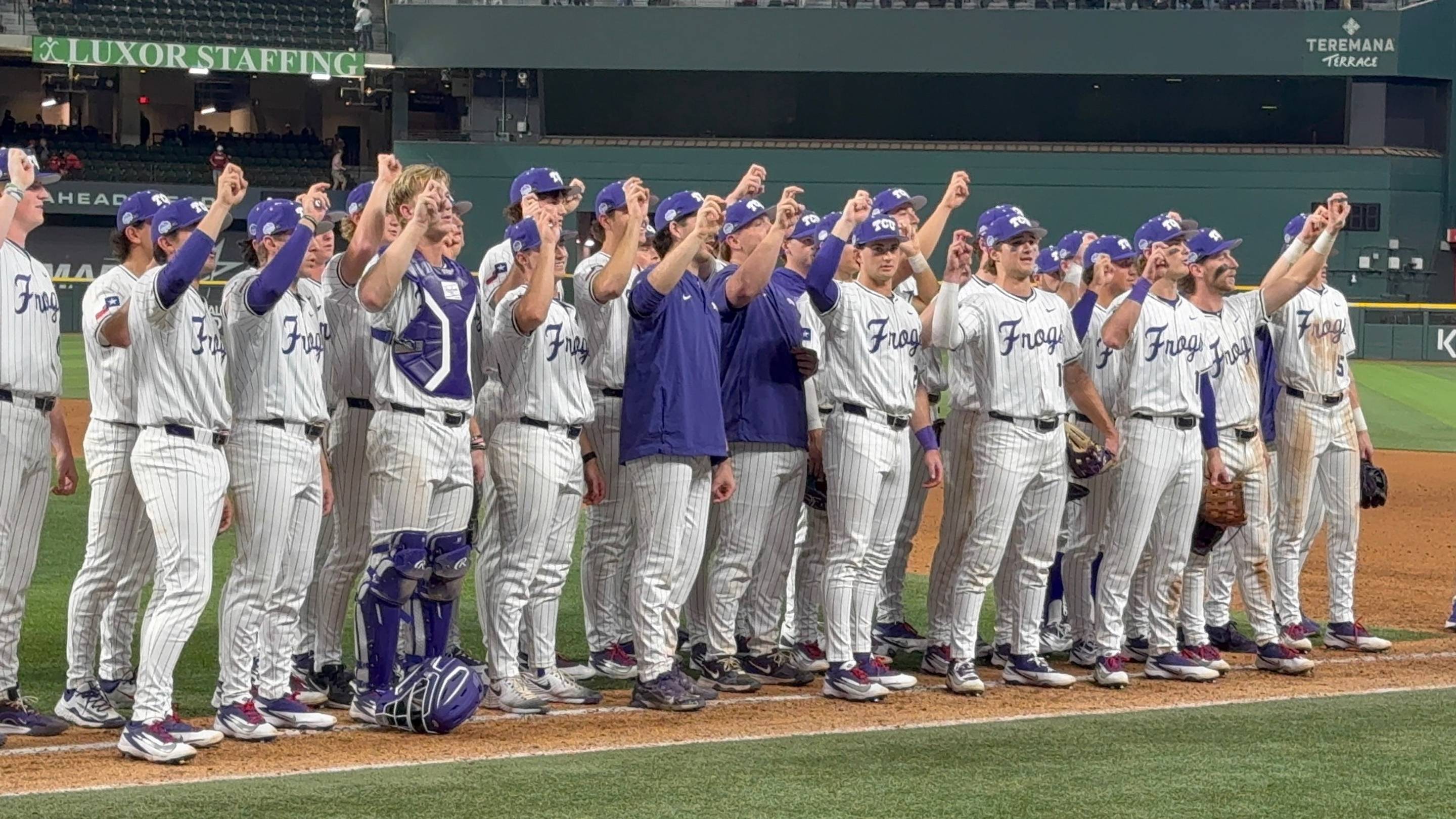 The TCU Horned Frogs celebrate after knocking off the No. 7-ranked Arkansas Razorbacks. | Brian McLean, KillerFrogs/TCU On SI
