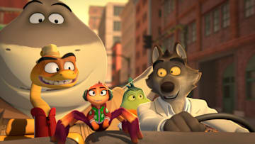 The Bad Guys: A Very Bad Holiday. (L to R) Ezekiel Ajeigbe as Shark, Chris Diamantopoulos as Snake, Mallory Low as Tarantula, Raul Ceballos as Piranha, and Michael Godere as Wolf in The Bad Guys: A Very Bad Holiday. Cr. NETFLIX © 2023