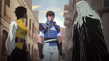 Castlevania: Nocturne S2 (L to R) Thuso Mbedu as Annette, Edward Bluemel as Richter Belmont, James Callis as Alucard in Castlevania: Nocturne season 2