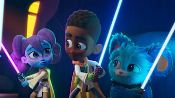 (L-R): Jedi Younglings: Lys Solay (voiced by Juliet Donenfeld), Kai Brightstar (voiced by Jamaal Avery Jr.) and Nubs (voiced by Dee Bradley Baker) in a scene during a training sequence from "STAR WARS: YOUNG JEDI ADVENTURES" exclusively on Disney+. ©2023 Lucasfilm Ltd. & TM. All Rights Reserved.