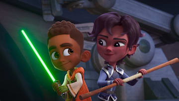 (L-R) Kai Brightstar (JeCobi Swain) and Prince Cyrus Vuundir (Trey Murphy) in Star Wars: Young Jedi Adventures "Unmasked." Image Credit: StarWars.com